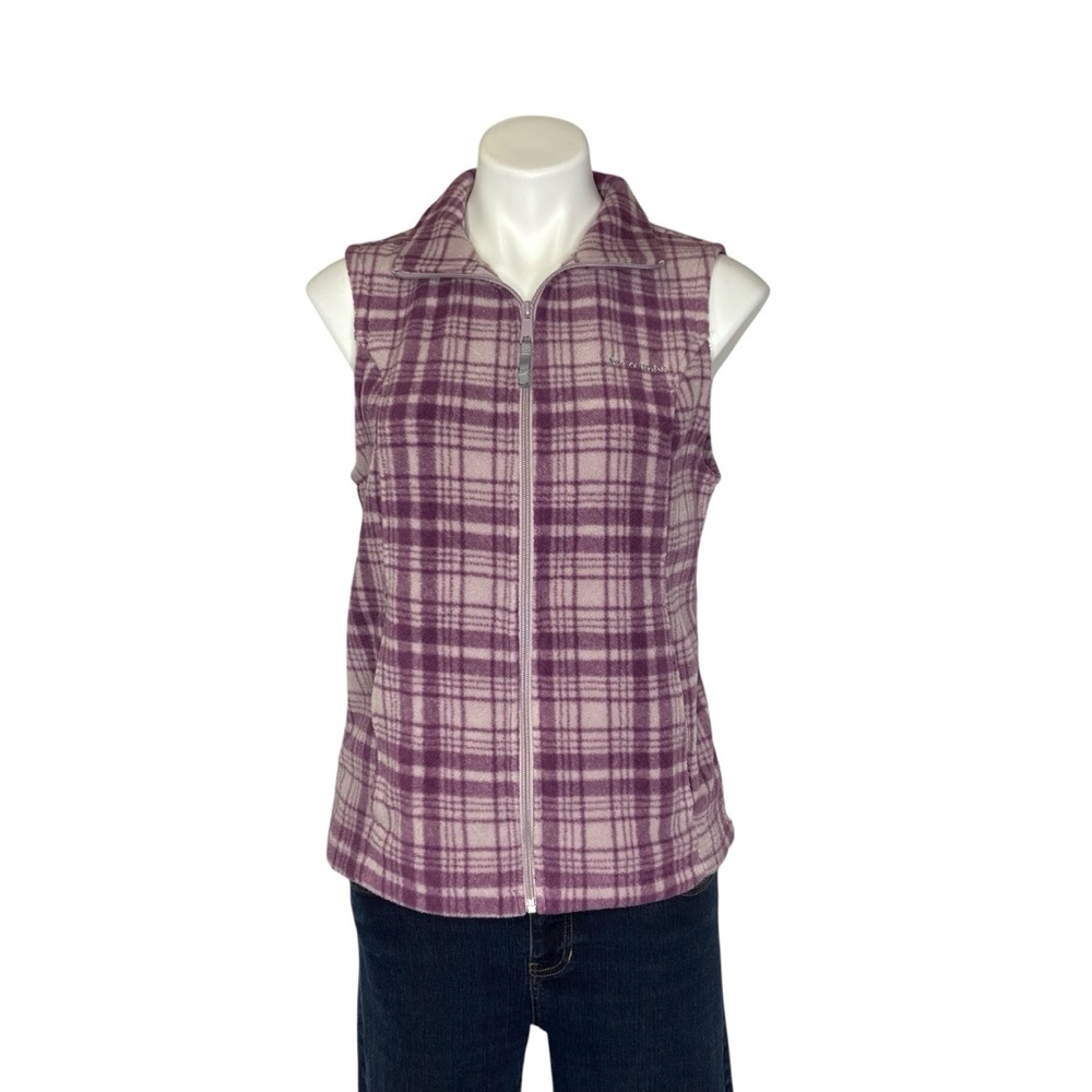 COLUMBIA Fleece Vest Full Zip Plaid Sleeveless Jacket Purple Pink Medium